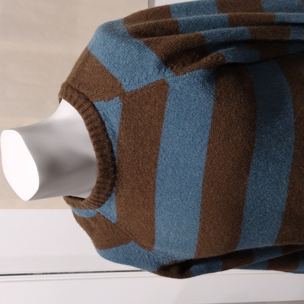 Divided mens brown & teal blue striped lambswool blend sweater. Medium